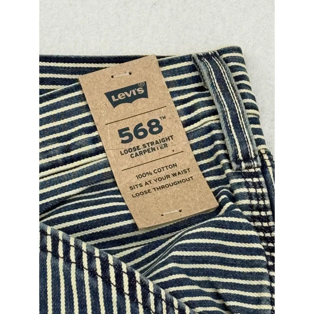 Levi's 568 Loose Straight Carpenter Pants Men's 40x32 Hickory Stripe Blue White
